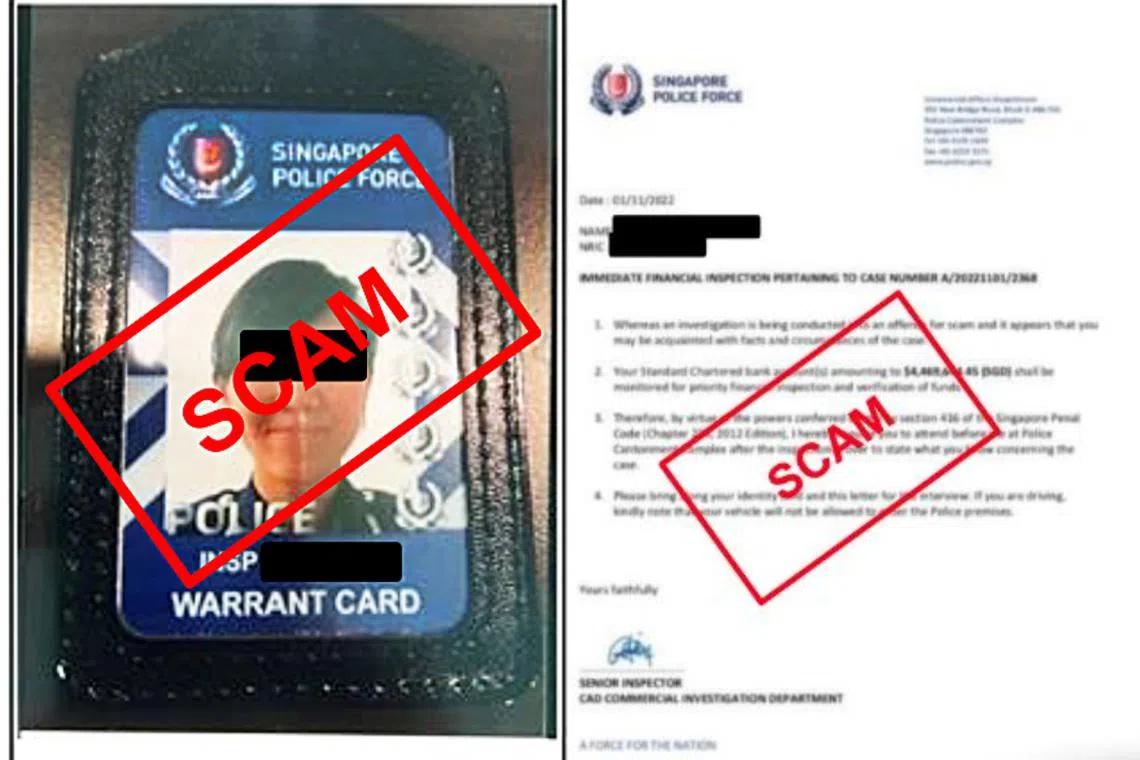 A police warrant card and a letter with the Singapore Police Force letterhead sent by a fake police officer to the victims.