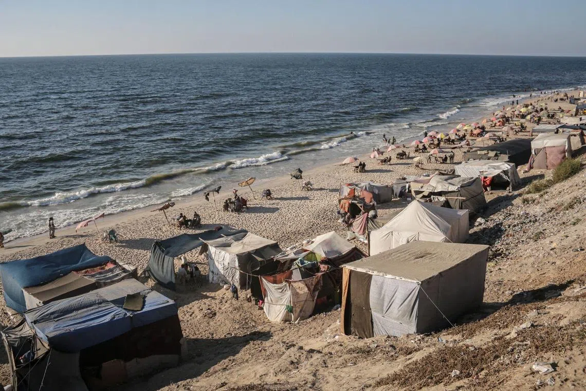 Displaced Palestinians said they have been pushed to live in tents packed on the beach.