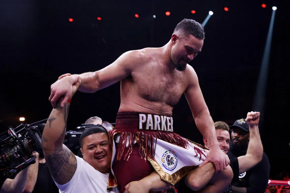 Joseph Parker celebrating after winning his fight against Deontay Wilder in Riyadh on Dec 23.