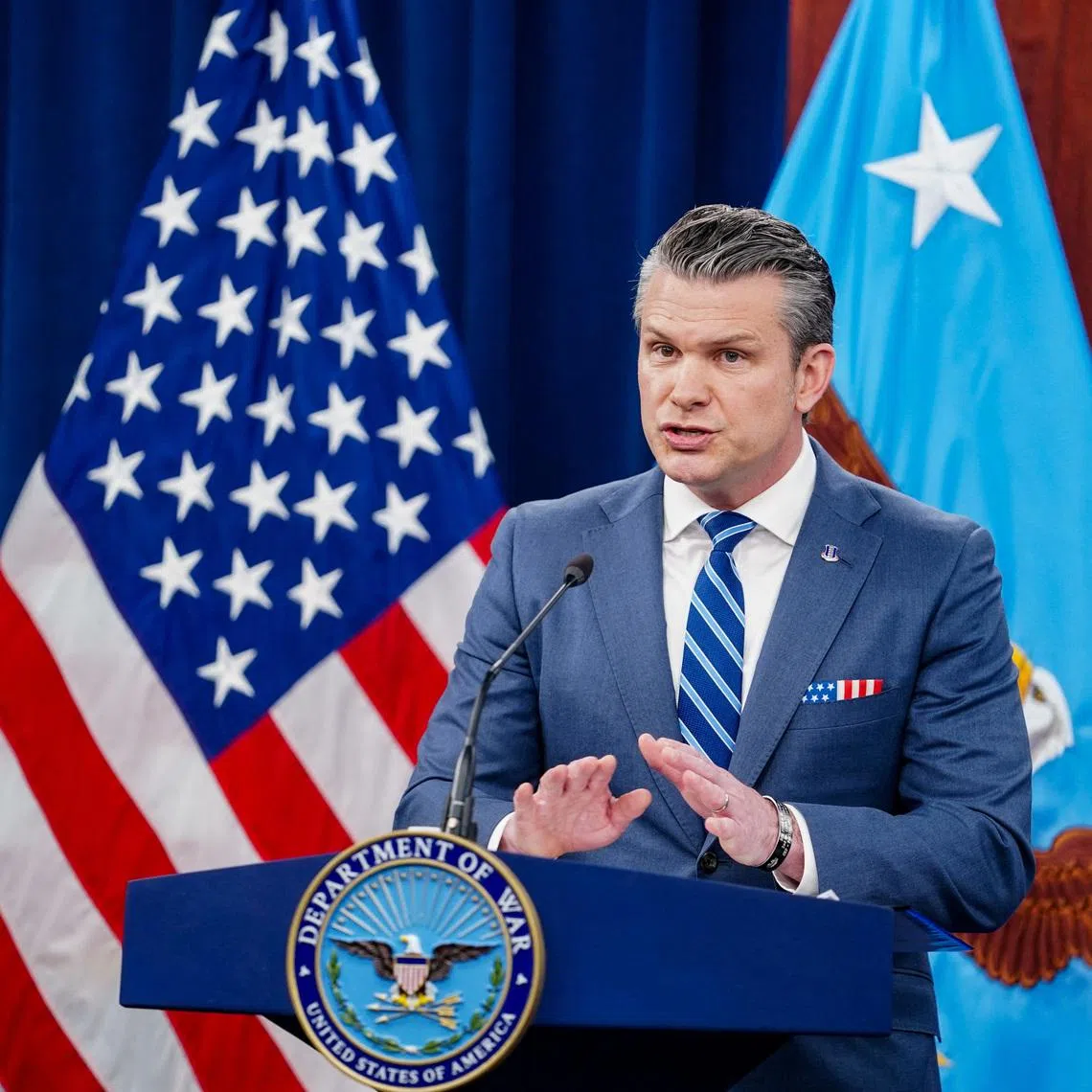 U.S. Secretary of Defense Pete Hegseth speaks during a briefing on the Iran war, at the Pentagon in Washington, D.C., U.S., April 16, 2026. REUTERS/Nathan Howard