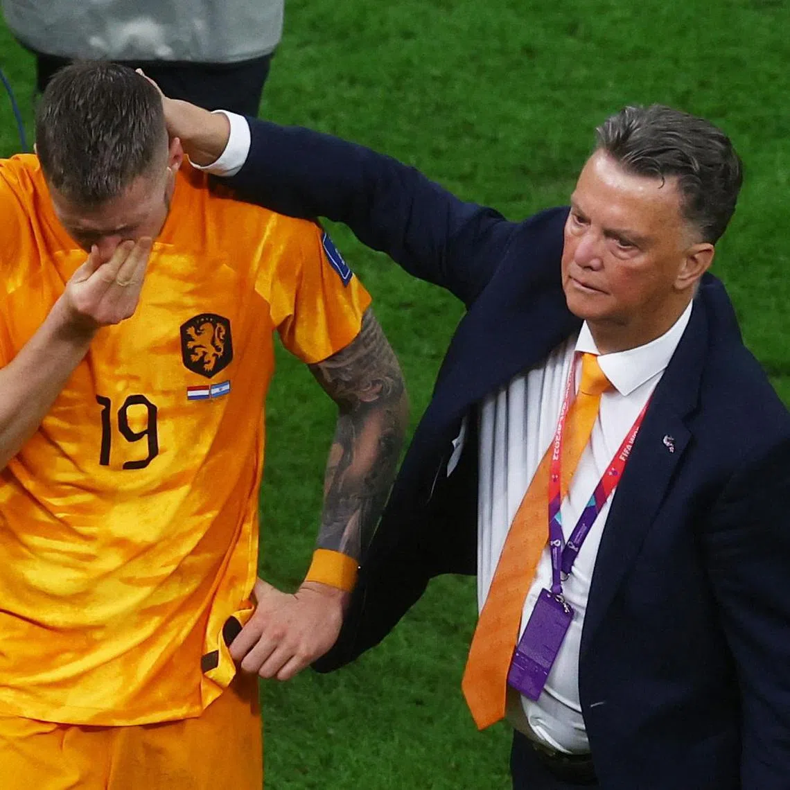 Soccer Football - FIFA World Cup Qatar 2022 - Quarter Final - Netherlands v Argentina - Lusail Stadium, Lusail, Qatar - December 10, 2022 Netherlands coach Louis van Gaal and Wout Weghorst look dejected after the penalty shootout as Netherlands are eliminated from the World Cup REUTERS/Paul Childs