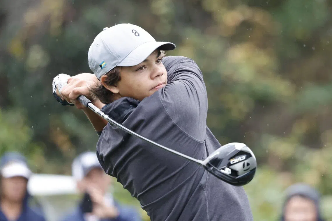Dec 16, 2023; Orlando, Florida, USA; Charlie Woods plays his shot from the sixth tee during the PNC Championship at The Ritz-Carlton Golf Club. Mandatory Credit: Reinhold Matay-USA TODAY Sports/File Photo