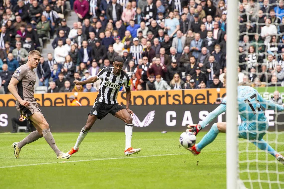 Newcastle United striker Alexander Isak scoring the third goal in the 4-0 English Premier League win over Tottenham Hotspur.