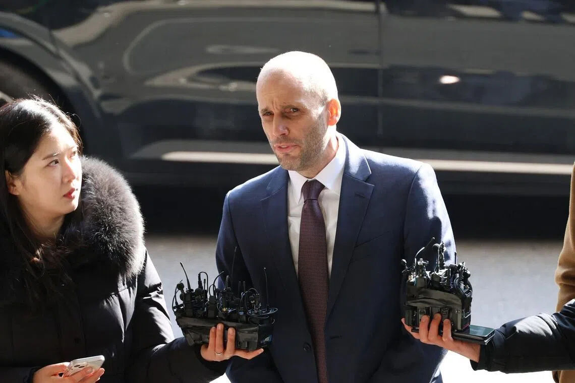 Coupang chief executive Harold Rogers arrives at Seoul Metropolitan Police Agency in Seoul, South Korea, on Jan 30. 