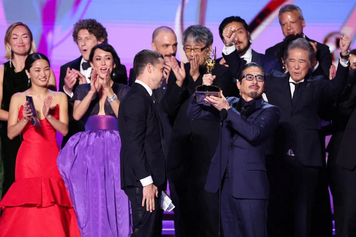 Hiroyuki Sanada receives the award with cast and crew of Shogun for the Best Drama Series at the 76th Primetime Emmy Awards in Los Angeles on Sept 15.