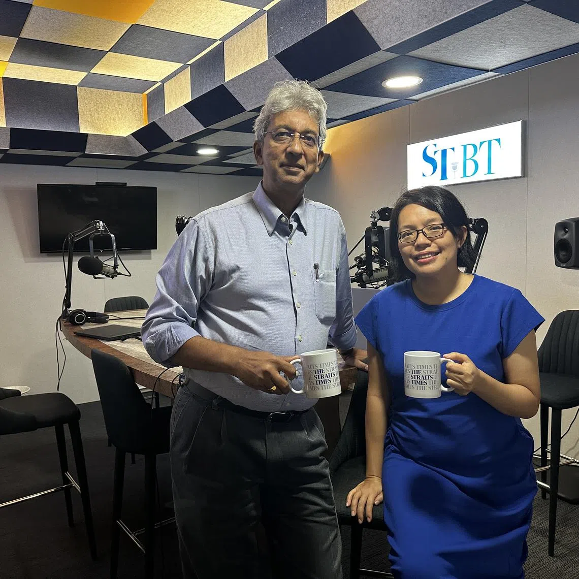 (From left) Hosts Ven Sreenivasan and Lee Su Shyan- both associate editors and senior columnists at The Straits Times, in the podcast studio.