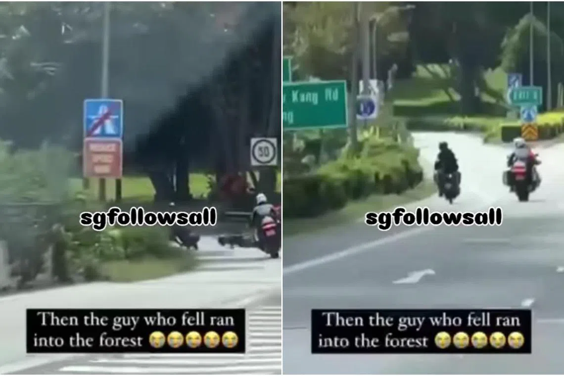 The man's pillion passenger later jumped off the bike on the BKE slip road towards Bukit Panjang Road and fled on foot.