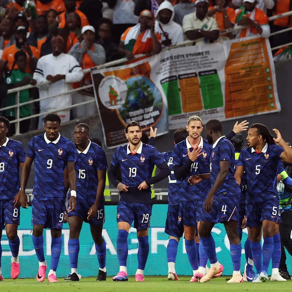 Soccer Football - International Friendly - France v Ivory Coast - The Stade de la Beaujoire - Louis Fonteneau, Nantes, France - June 4, 2026 France's Adrien Rabiot celebrates with teammates after  Rayan Cherki scores their first goal REUTERS/Gonzalo Fuentes