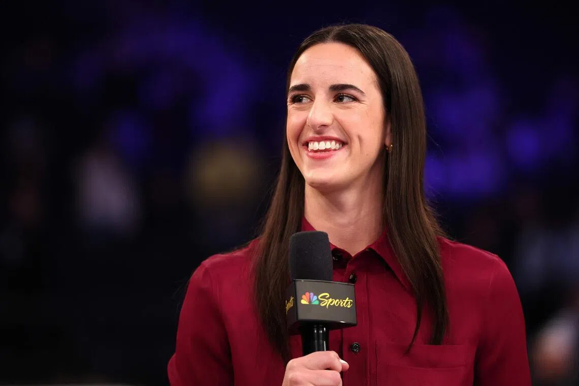 The Indiana Fever's Caitlin Clark, one of the faces of the Women's National Basketball Association, talks on stage as she joins NBC’s Sunday Night Basketball prior to the game between the Los Angeles Lakers and New York Knicks at Madison Square Garden on Feb 1.