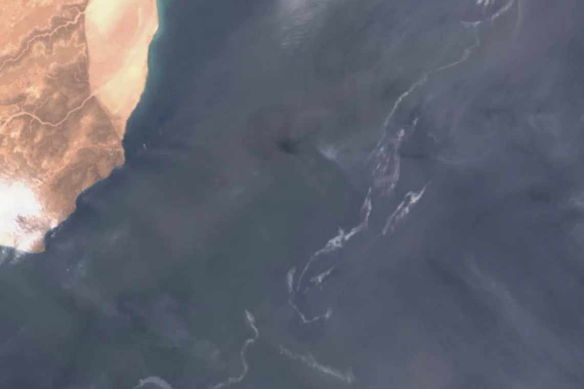 A satellite image showing an oil spill off the coast of Oman, on Aug 11, 2026.