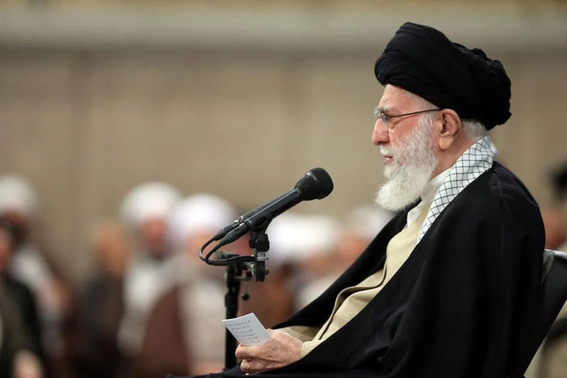Iran's Supreme Leader Ayatollah Ali Khamenei speaks during a meeting with the guests of the Islamic Unity Conference in Tehran, Iran October 3, 2023. Office of the Iranian Supreme Leader/WANA (West Asia News Agency) via REUTERS/File Photo