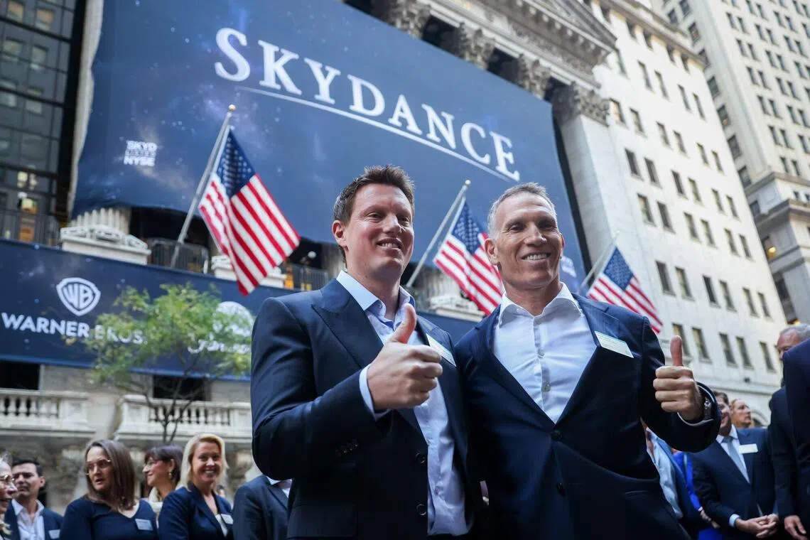 Co-chief executive officers of Skydance Corp. David Ellison (left) and Ynon Kreiz at the New York Stock Exchange in New York on Oct 8.