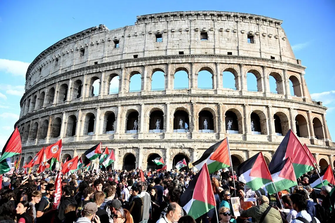 People hold a rally in Rome to back a flotilla bringing medical supplies to Palestinian civilians that Israeli forces blocked on April 29, 2026.