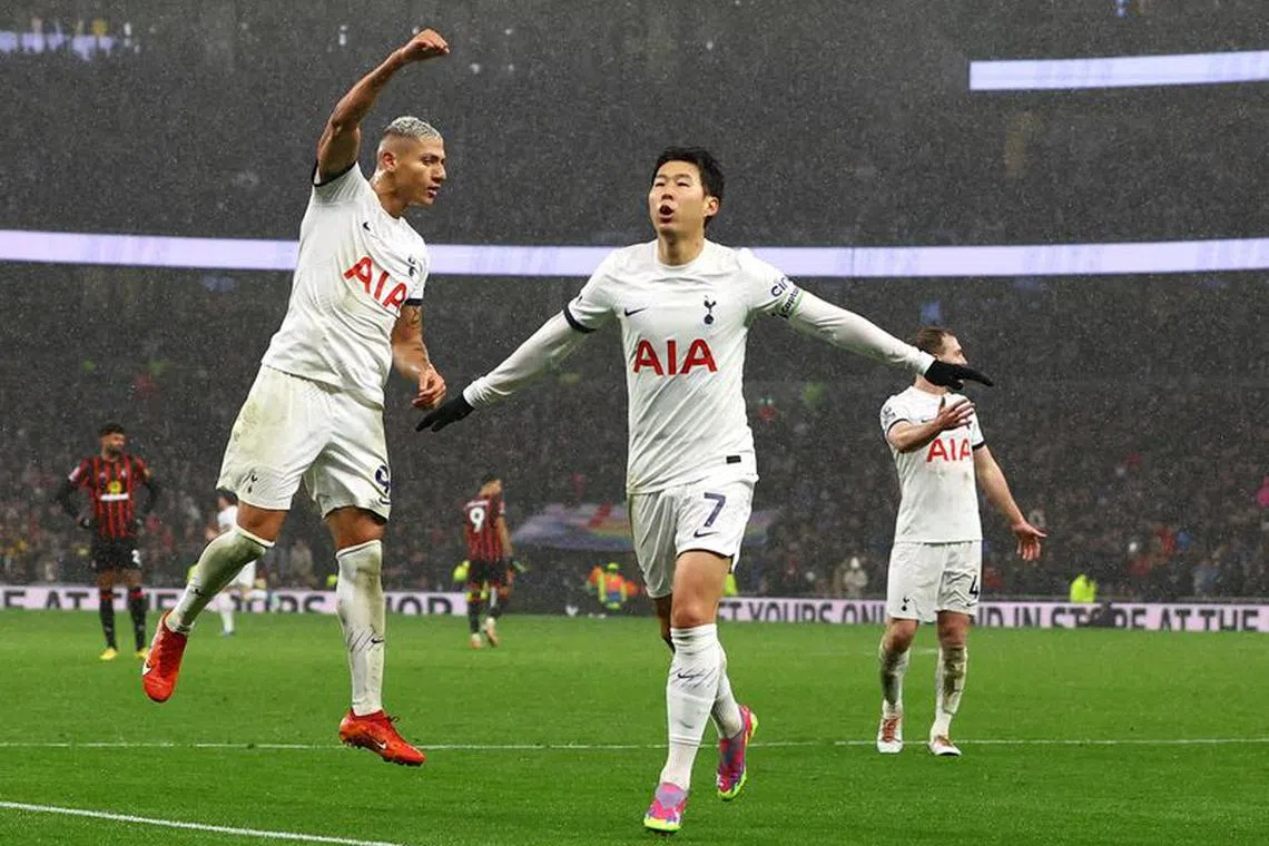 Soccer Football - Premier League - Tottenham Hotspur v AFC Bournemouth - Tottenham Hotspur Stadium, London, Britain - December 31, 2023 Tottenham Hotspur's Son Heung-min celebrates scoring their second goal with Richarlison Action Images via Reuters/Paul Childs
