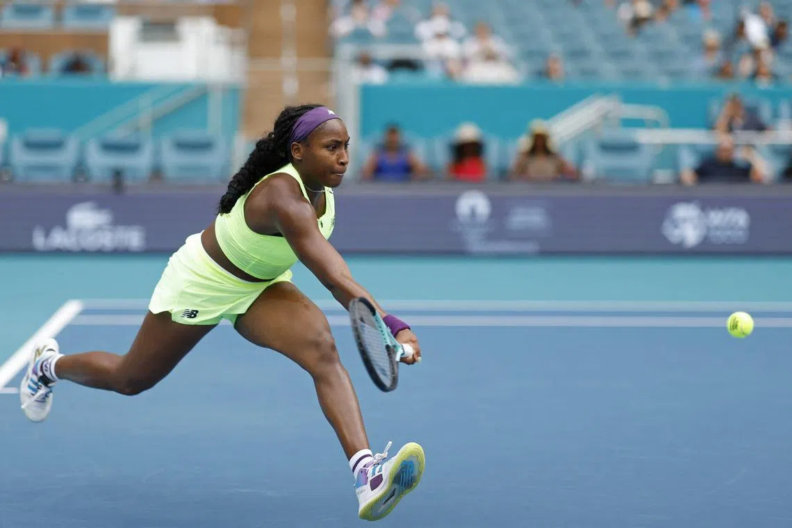 Mar 25, 2024; Miami Gardens, FL, USA; Coco Gauff (USA) reaches for a forehand against Caroline Garcia (FRA) (not pictured) on day eight of the Miami Open at Hard Rock Stadium. Mandatory Credit: Geoff Burke-USA TODAY Sports/ File Photo