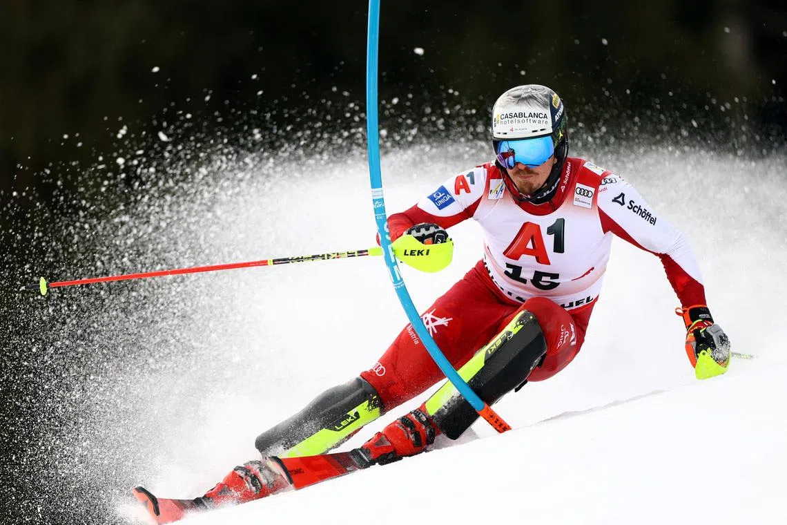 Austria's Manuel Feller in action during the Men's Slalom at the FIS Alpine Ski World Cup- Men's Slalom, held in Kitzbuehel, Austria, on Jan 25, 2026.