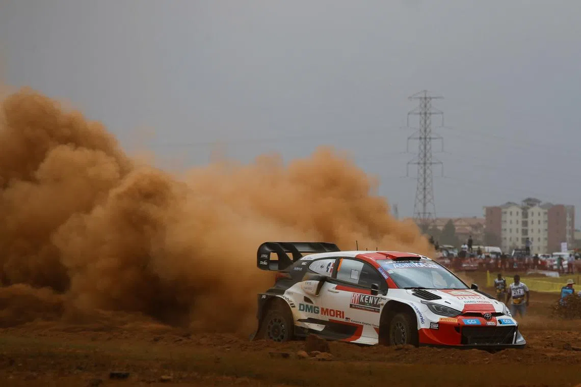 FILE PHOTO: Rallying - World Rally Championship - Safari Rally Kenya, Nairobi, Kenya - June 23, 2022 - French Toyota driver Sebastien Ogier and co-driver Benjamin Veillas in action during side-by-side super special racing stage at Kasarani. REUTERS/Monicah Mwangi/File photo