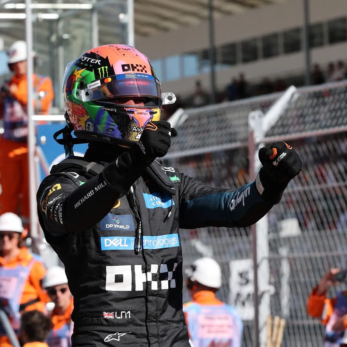 McLaren’s Lando Norris celebrates winning pole position on Sept 12, ahead of the Spanish Grand Prix.