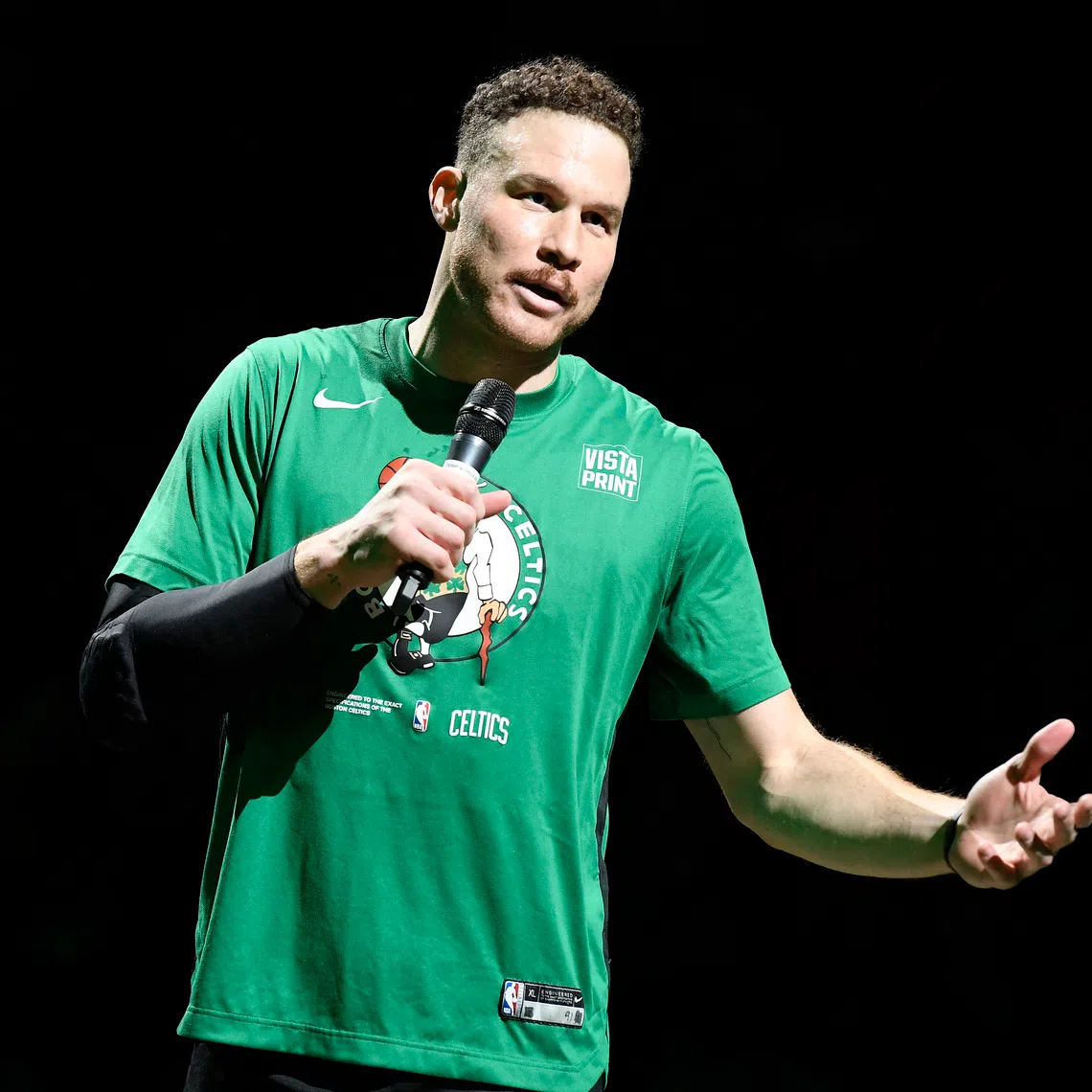 Apr 9, 2023; Boston, Massachusetts, USA; Boston Celtics forward Blake Griffin (91) addresses the fans prior to a game against the Atlanta Hawks at TD Garden. Mandatory Credit: Bob DeChiara-USA TODAY Sports
