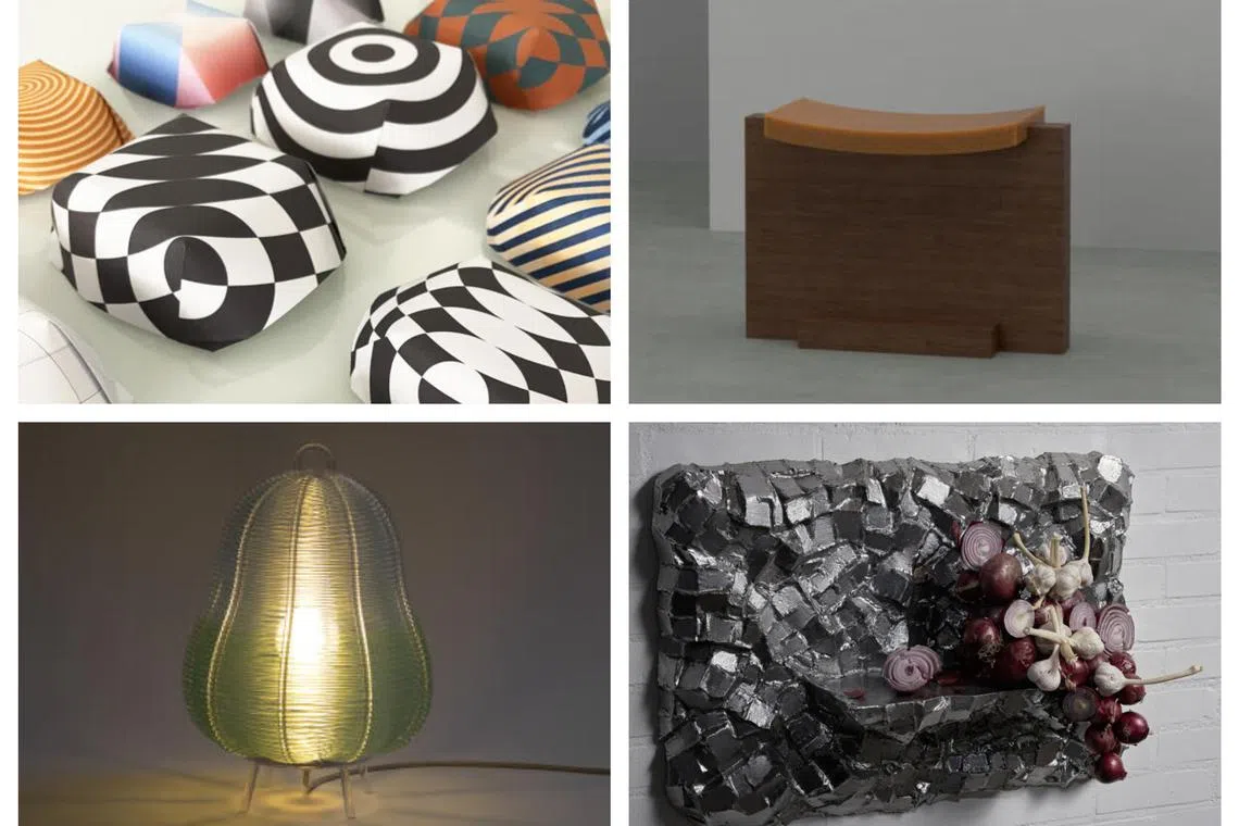 (Clockwise from top left) Ms Tiffany Loy's Mosaic Membrane, Christian+Jade's Para Stool, Mr Gabriel Tan's Good Gourd – Hybrid Basketry Lamps and Mr Zavier Wong’s Manifold Steel – Wall Piece No. 1 are some of the pieces by Singaporean designers showing at Milan Design Week's Future Impact 2.