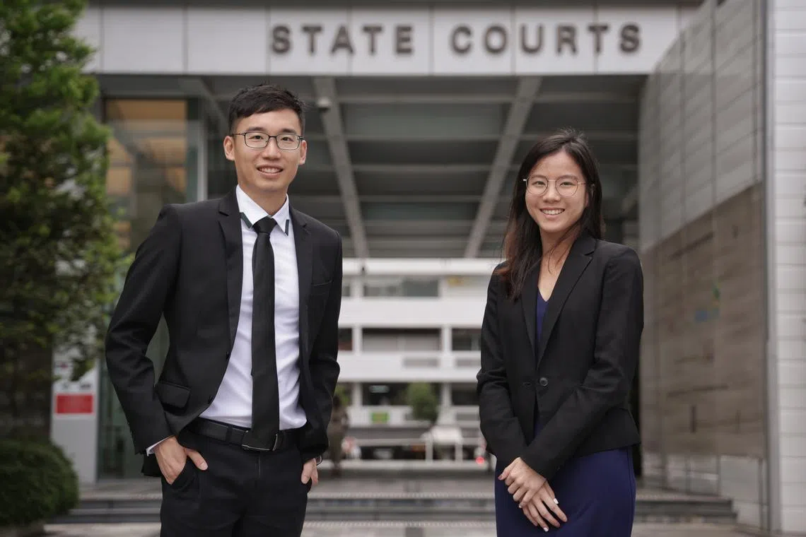Profile of lawyers Mr Yip Jian Yang (left), 31, and Ms Tan Su (right), 26, at State Courts on Jan 26, 2024. Feature on lawyers from Pro Bono SG and the various cases they cover.