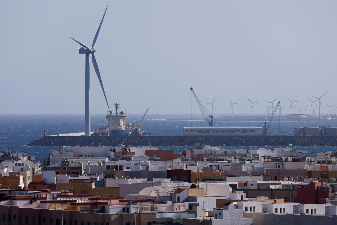 A wind turbine of the Siemens Gamesa company located at the Port of Arinaga is seen from a viewpoint of Arinaga on Gran Canaria Island, Spain, May 2, 2022.  Problems have occurred in a broad mix of components of the company's wind turbine fleet. 