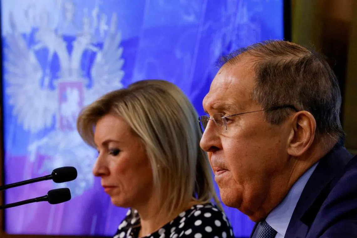Russian Foreign Minister Sergei Lavrov and spokeswoman of Russia's Foreign Ministry Maria Zakharova attend an annual press conference in Moscow, Russia, January 18, 2024. REUTERS/Maxim Shemetov