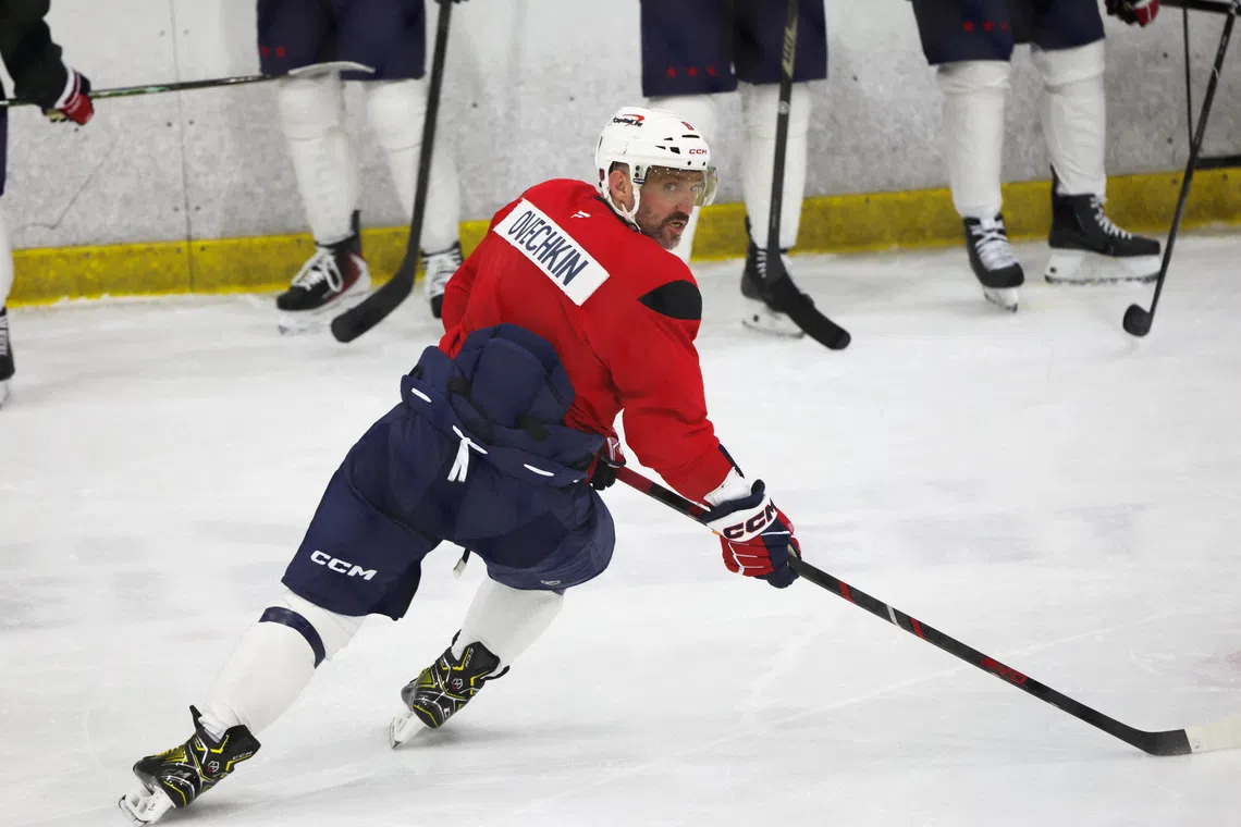 Washington Capitals NHL star Alex Ovechkin takes part in the team’s first practice of the season days after he appeared in a propaganda ad for the United Russia party, which supports the regime of Russia's President Vladimir Putin, in Arlington, Virginia, US, September 17, 2026. REUTERS/Kevin Lamarque