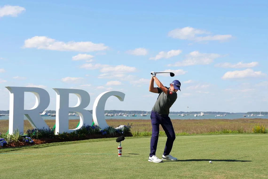 Matt Fitzpatrick of England plays his shot from the 18th tee during the third round of the RBC Heritage.