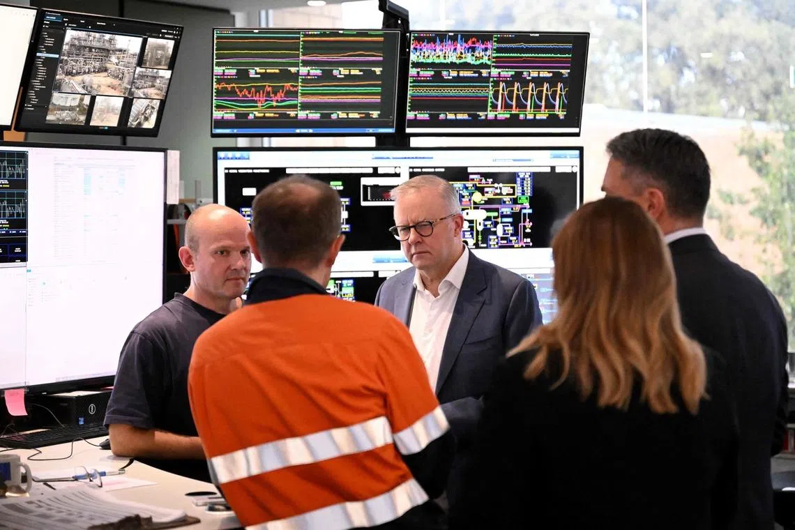 Australia Prime Minister Anthony Albanese speaks to Viva Energy staff in the control room of the Geelong Oil Refinery on April 17.