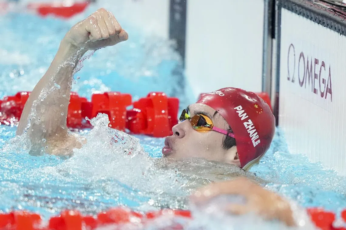 Jul 31, 2024; Nanterre, France; Zhanle Pan (China) in the men’s 100-meter freestyle final during the Paris 2024 Olympic Summer Games at Paris La Défense Arena. Mandatory Credit: Grace Hollars-USA TODAY Sports