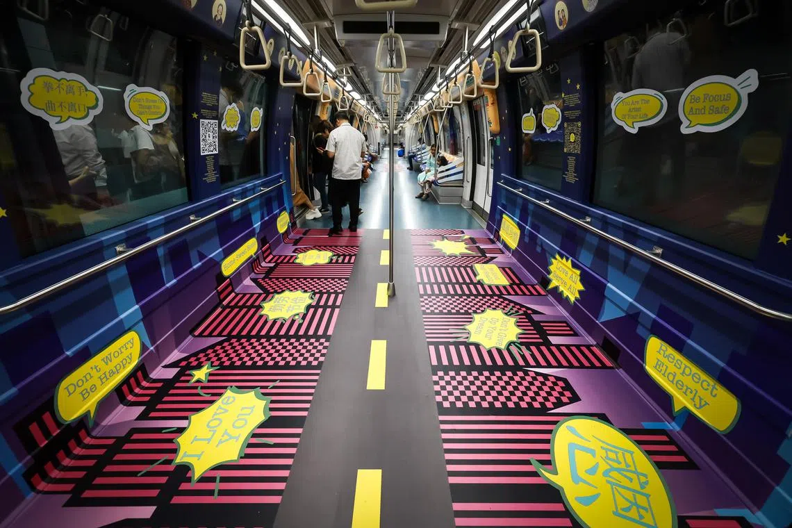 In-carriage train wraps of My Mother Says, by artists Marcel Gaspar, Victor Emmanuel, Stellah Lim and Zhang Runhan on a North-East Line MRT train, Jan 8, 2024.