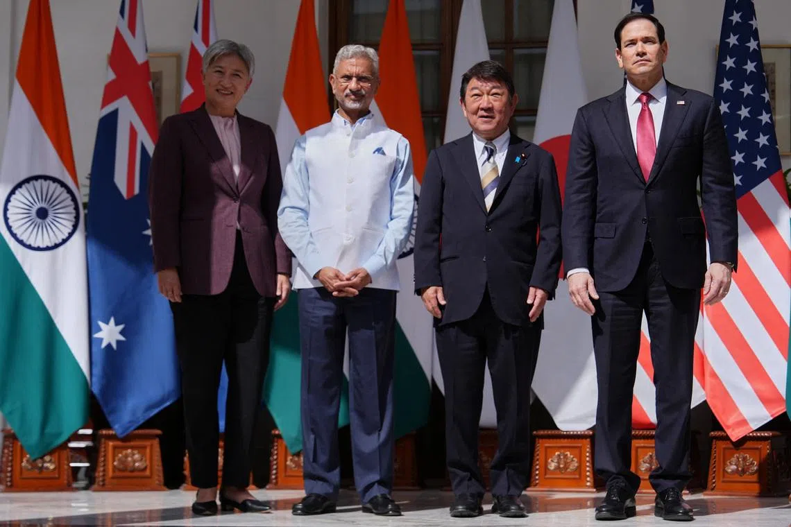 From left, Australian Foreign Minister Penny Wong, India’s Minister of External Affairs S. Jaishankar, Japanese Foreign Minister Toshimitsu Motegi and U.S. Secretary of State Marco Rubio pose following a Quad ministerial meeting at Hyderabad House in New Delhi, India, Tuesday, May 26, 2026.  Julia Demaree Nikhinson/Pool via REUTERS