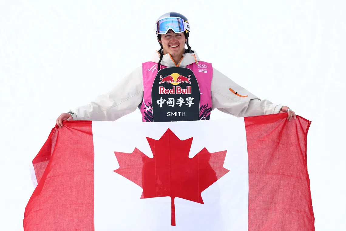 Freestyle Skiing - FIS Freestyle World Championships - St Moritz, Switzerland - March 21, 2025  Canada's Liam Brearley celebrates winning the men's slopestyle REUTERS/Denis Balibouse