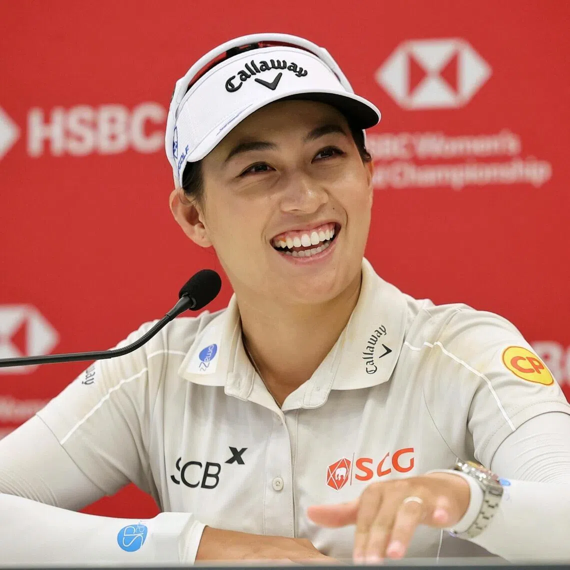 World No. 1 Jeeno Thitikul of Thailand taking questions from the media during a press conference for the HSBC Women's World Championship at Sentosa Golf Club on Feb 24, 2026. ST PHOTO: KEVIN LIM kkgolf24