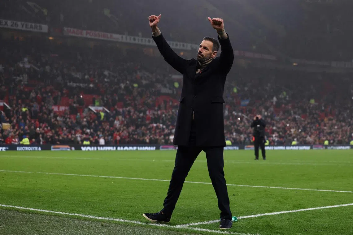Ruud van Nistelrooy acknowledges fans at the end of the English Premier League match between Manchester United and Leicester City.