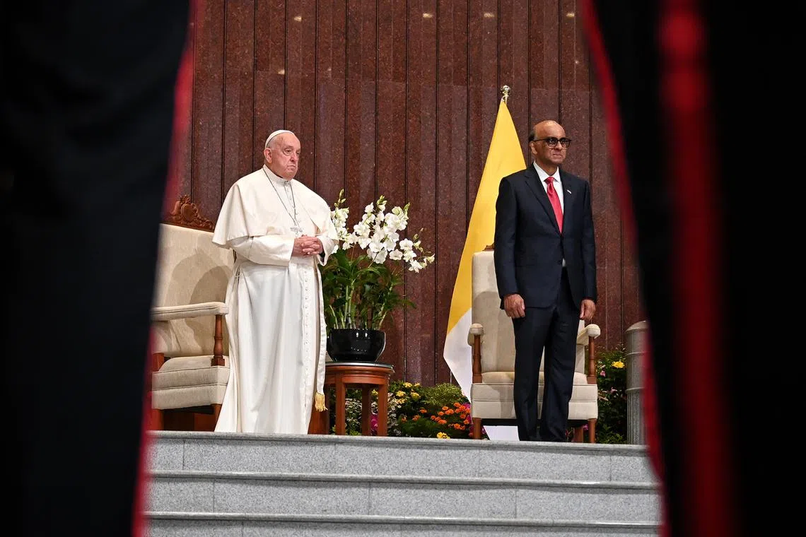 Pope Francis and President Tharman Shanmugaratnam at the welcome ceremony held at Parliament House on Sept 12, 2024.