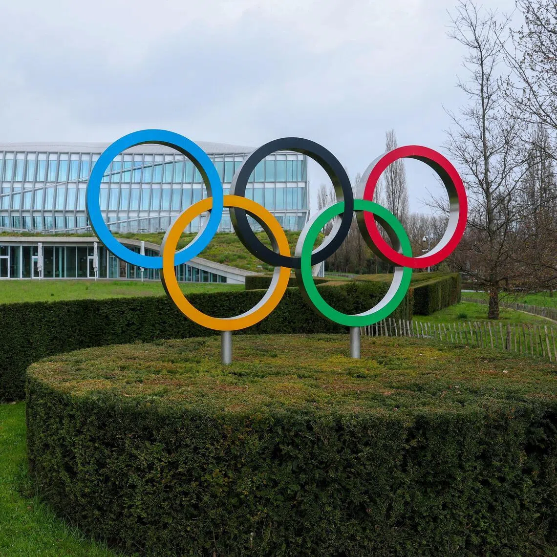 Olympic rings are pictured outside the International Olympic Committee (IOC) in Lausanne, Switzerland.