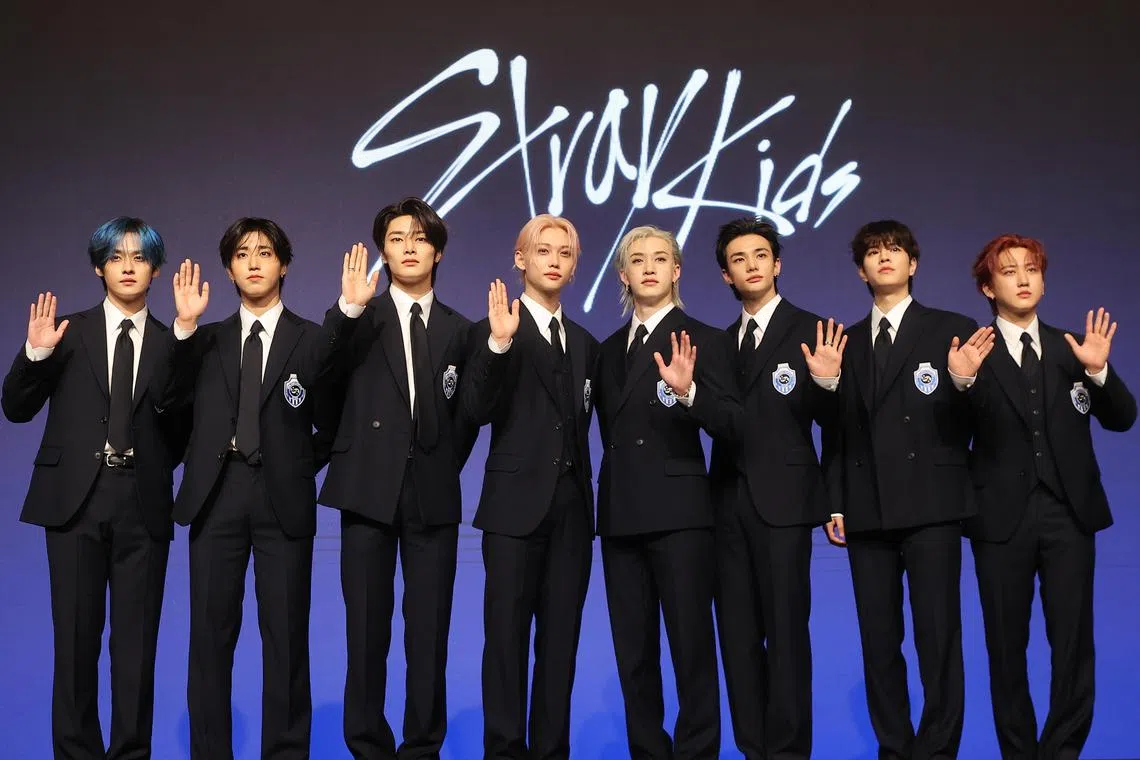 Stray Kids at a publicity event to promote their fourth studio album Karma in Seoul on Aug 22.