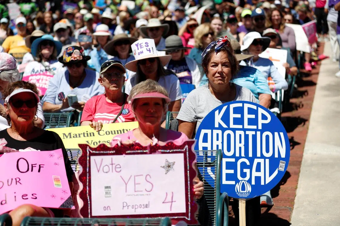Abortion rights advocates gather to launch their Yes On 4 campaign with a march and rally against the six-week abortion ban ahead of November 5, when Florida voters will decide on whether there should be a right to abortion in the state, in Orlando, Florida, U.S. April 13, 2024.  REUTERS/Octavio Jones