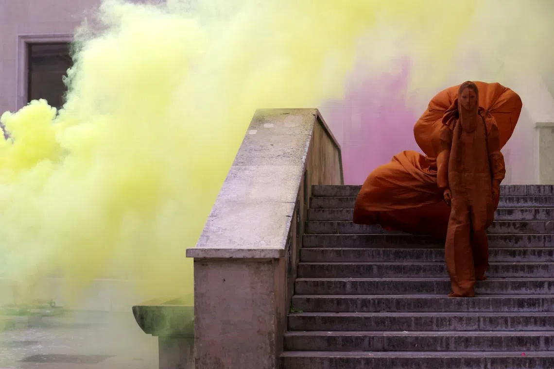 A model presenting a creation by designer Rick Owens as part of his Spring/Summer 2024 Women's ready-to-wear collection show during Paris Fashion Week in Paris, France, Sept 28.