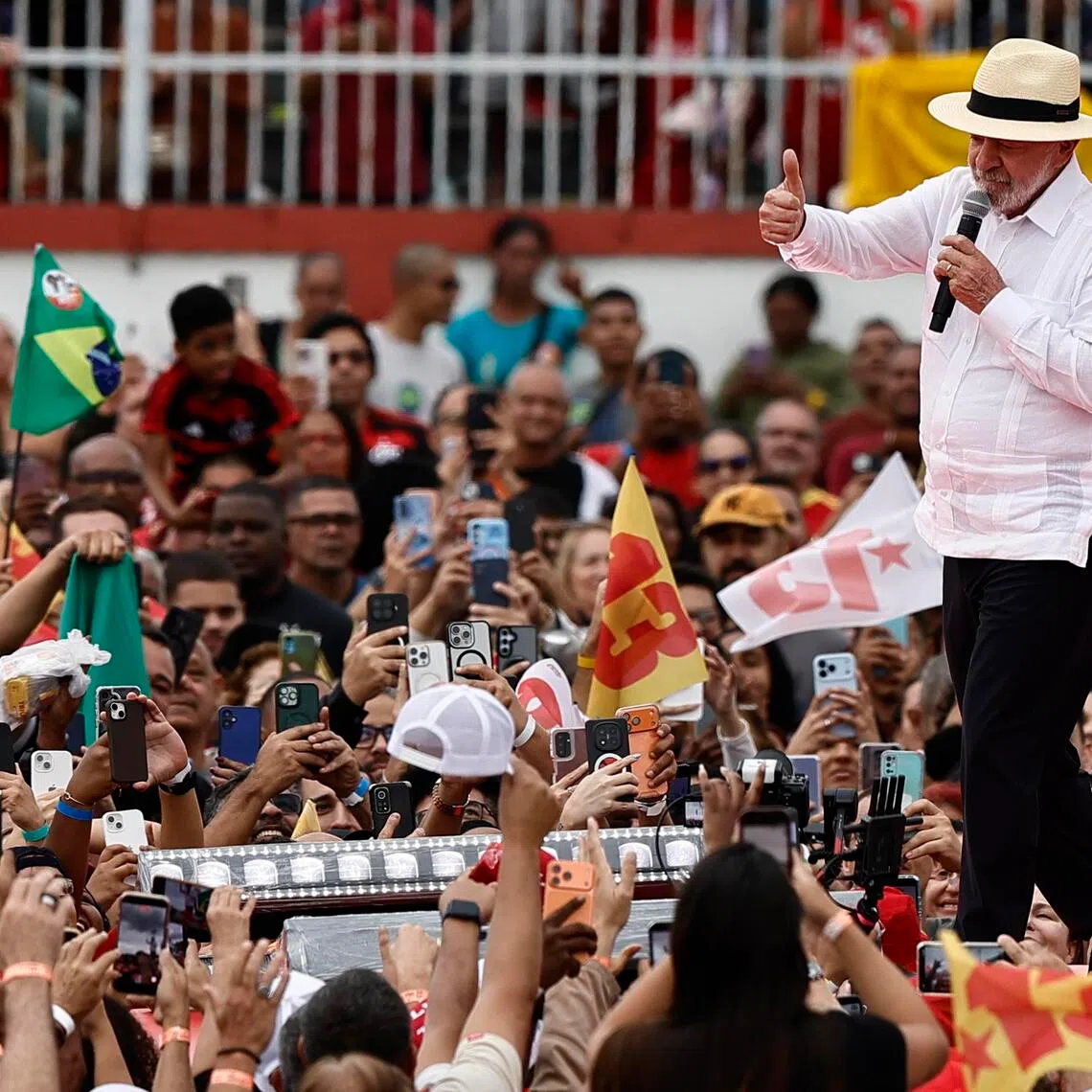 Brazilian President Luiz Inacio Lula da Silva at an election rally in Rio de Janeiro on Aug 22. He has pushed for stronger online protection for children and teenagers as he seeks a fourth term.