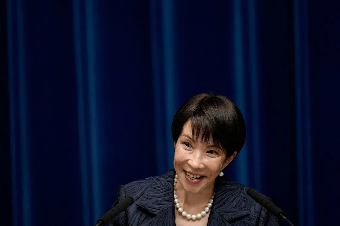 Japan's new Prime Minister Sanae Takaichi speaks during a press conference at the prime minister's office on Oct 21.