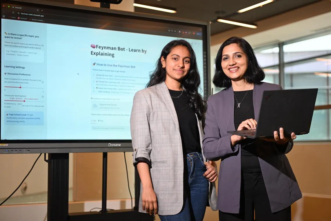 (From left) Singapore University of Technology and Design (SUTD) alumnus Akshaya Rajesh, GenAI engineer, and Dr Sumbul Khan, senior lecturer in SUTD's Science, Mathematics, and Technology cluster, on Oct 28, 2025. 