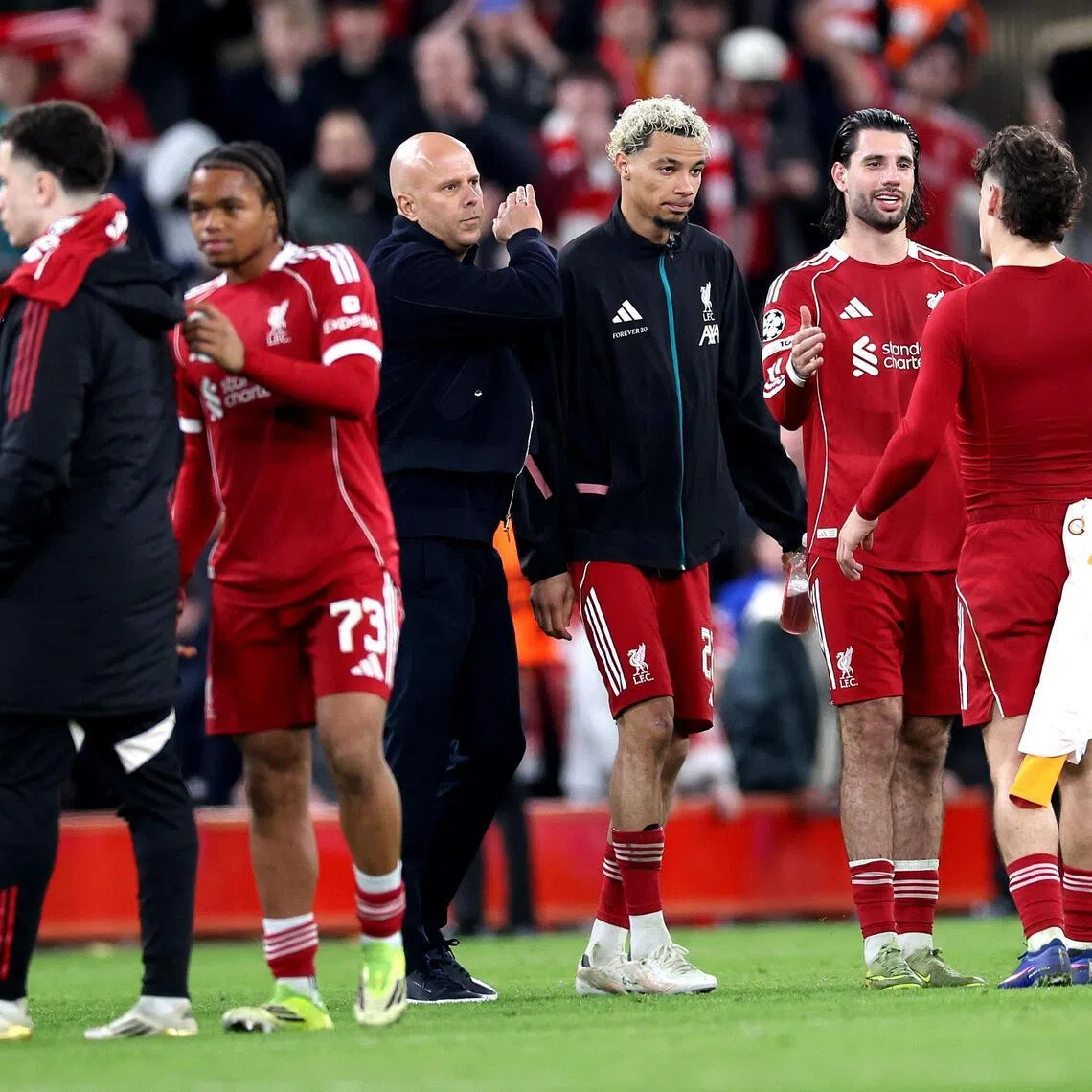 Liverpool manager Arne Slot and his players after the Champions League win over Galatasaray.
