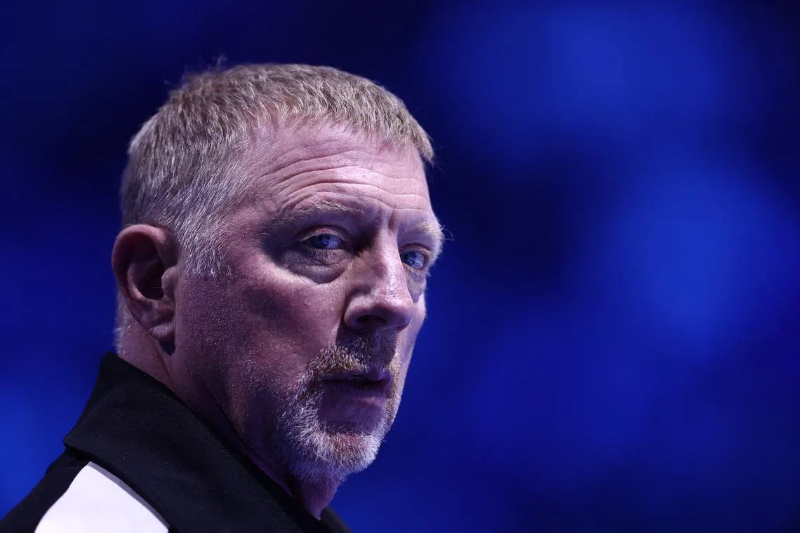 FILE PHOTO: Tennis - ATP Finals - Pala Alpitour, Turin, Italy - November 14, 2023 Boris Becker, former player and coach of Denmark's Holger Rune reacts before Greece's Stefanos Tsitsipas withdraws from his group stage match REUTERS/Guglielmo Mangiapane/File Photo