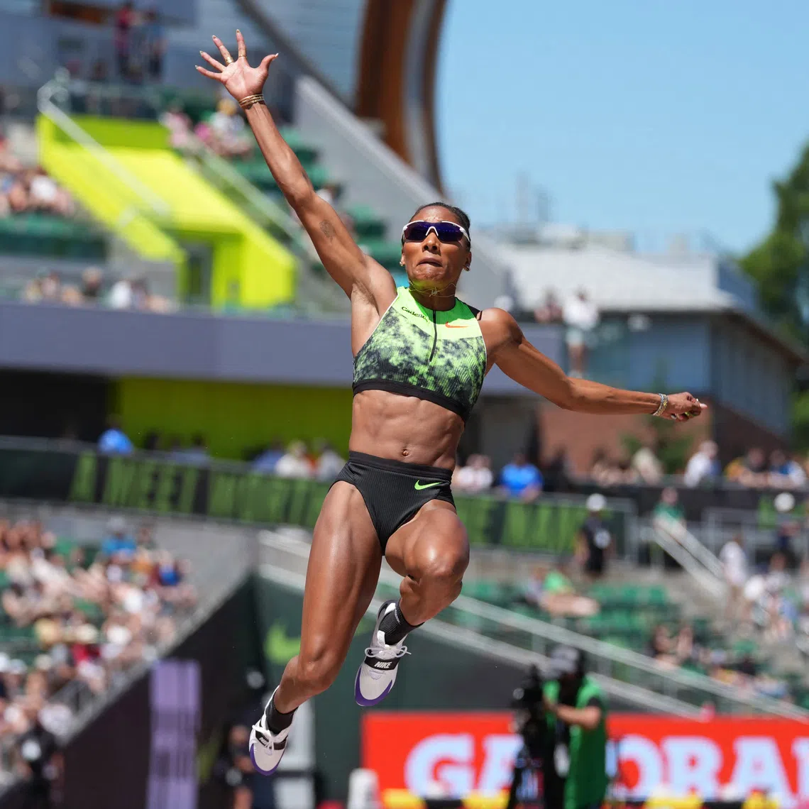 Tara Davis-Woodhall (USA) wins the women's long jump at 23-4 3/4 (7.13m) in the 51st Prefontaine Classic at Hayward Field.