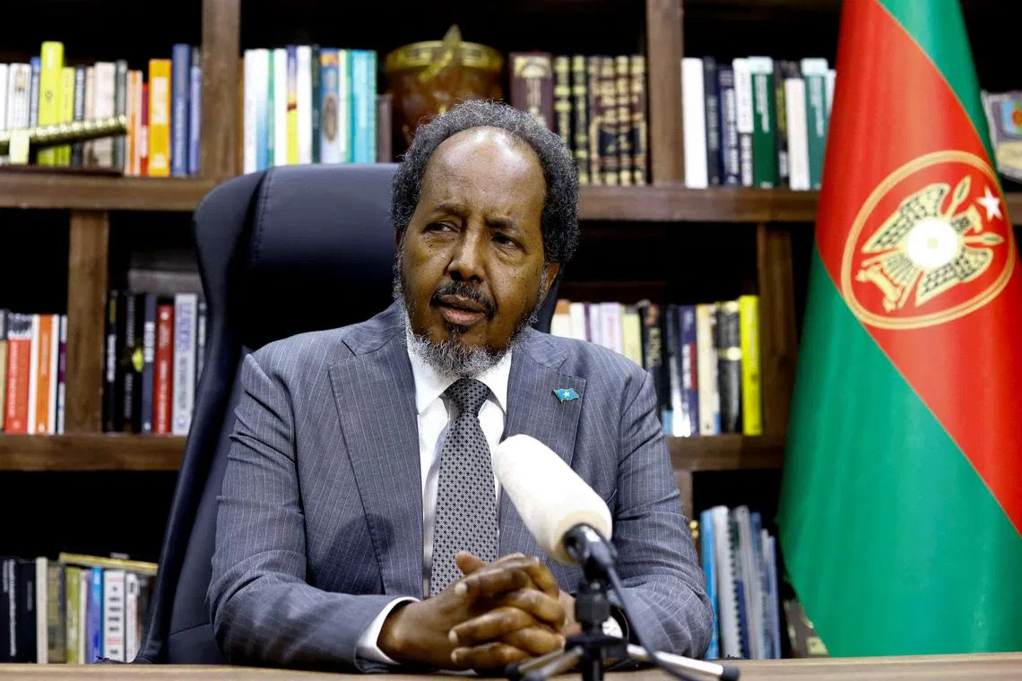 FILE PHOTO: Somalia's President Hassan Sheikh Mohamud speaks during an interview with Reuters, in his office in Mogadishu, Somalia February 20, 2024. REUTERS/Feisal Omar/File Photo