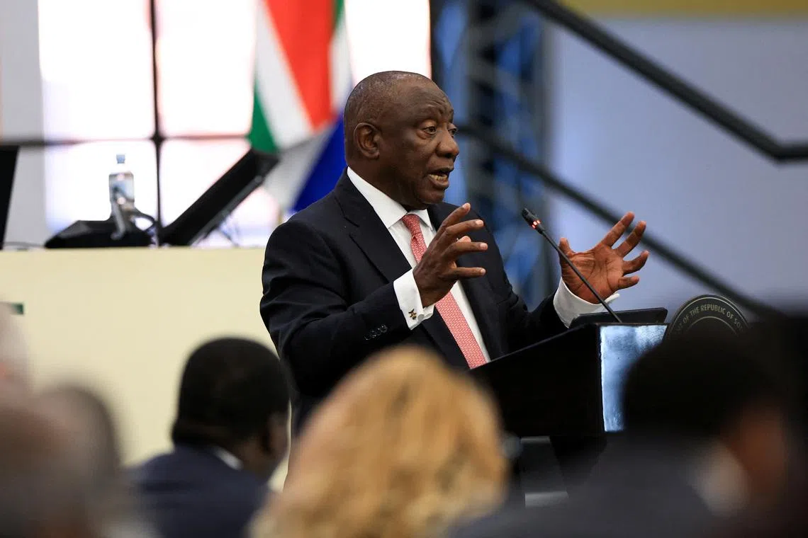 South African President Cyril Ramaphosa speaks to lawmakers in parliament, in Cape Town, South Africa, May 14, 2026. REUTERS/Esa Alexander