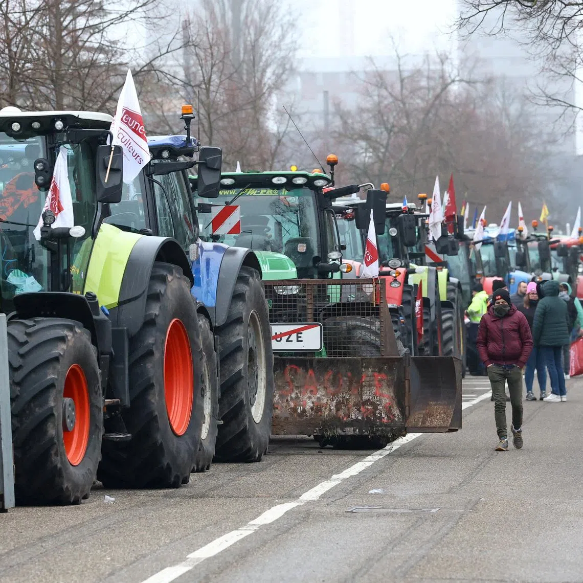 French farmers from FNSEA and Jeunes Agriculteurs farm unions walk along their tractors during a demonstration to protest against the EU-Mercosur free trade agreement, in Strasbourg, France, January 20, 2026. REUTERS/Yves Herman